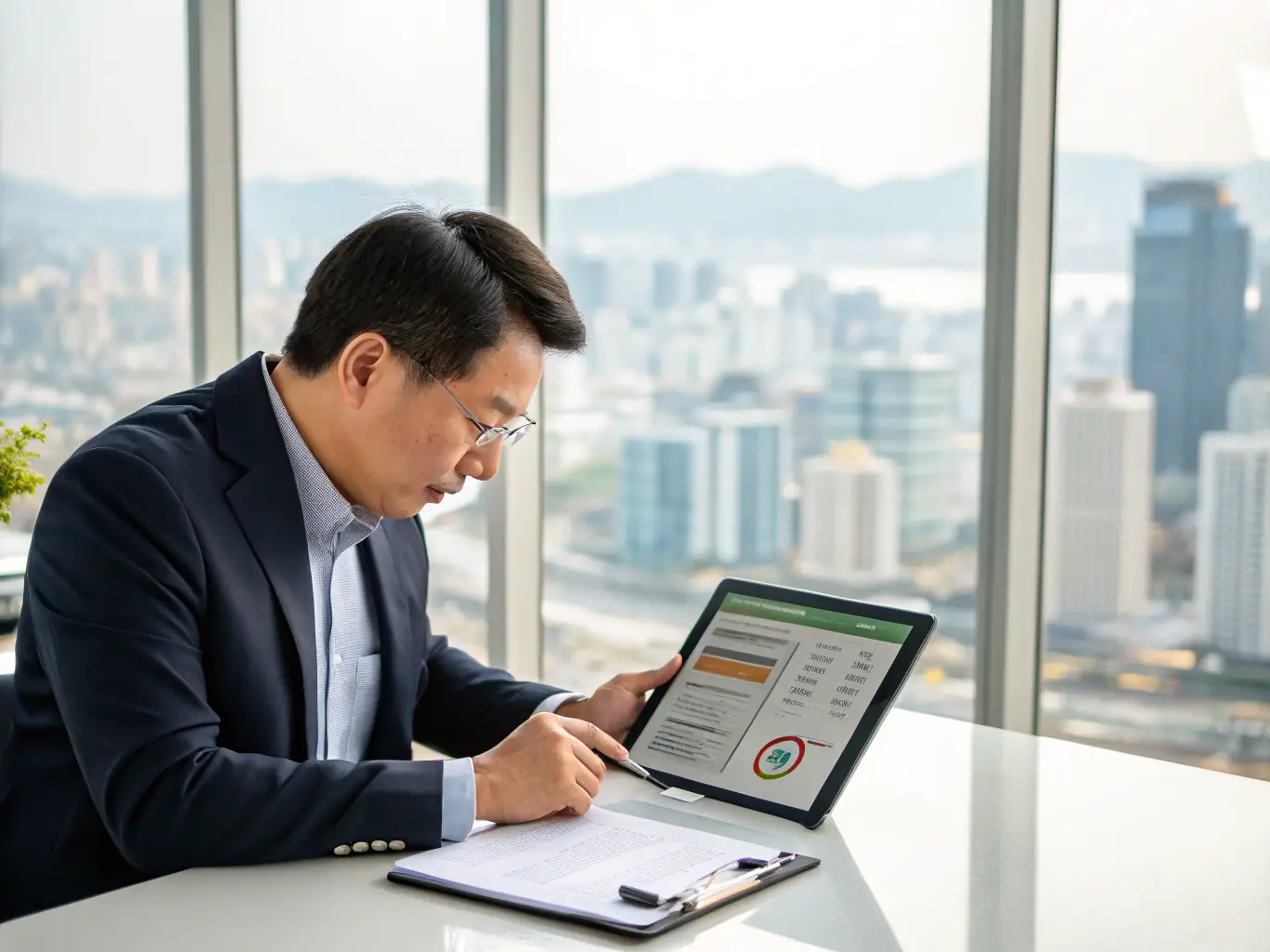 A professional agri-food exporter reviewing a detailed credit report on a tablet, with a Korean cityscape visible in the background, symbolizing international trade and financial analysis.