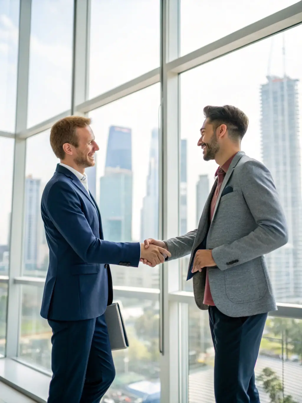 A handshake between two business partners in a modern office setting, symbolizing trust and reliability.